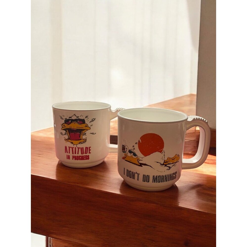 Vintage 80s USA Cartoon Duck Coffee Mugs Funny Slogans Stackable Plastic Handles